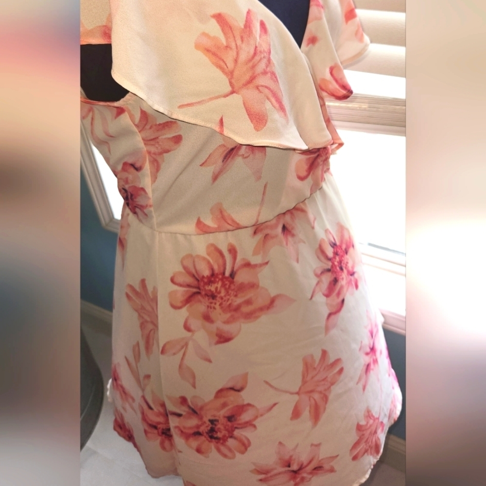 Lush Small Faux Wrap White Pink Floral Watercolor Flutter Dress - Picture 5 of 8